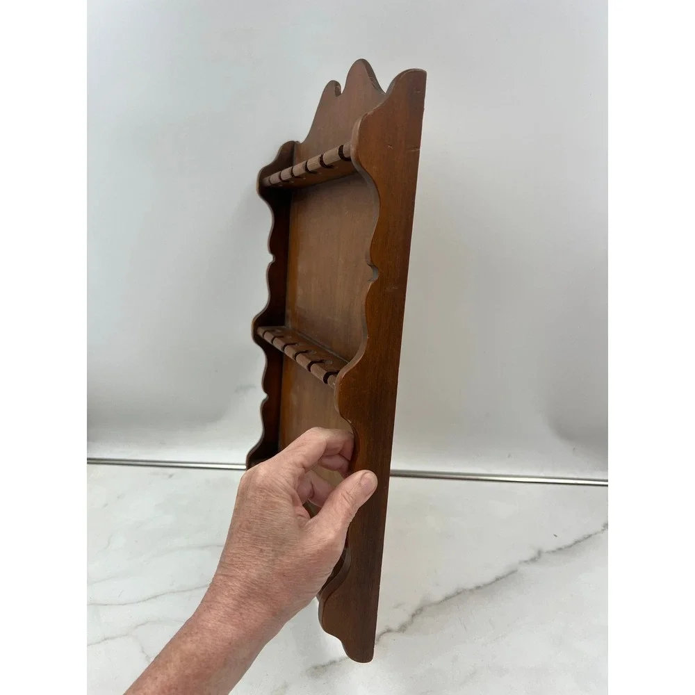 Vintage Wooden Spoon Display Rack Wall Hanging Scalloped 18 Slot 3 Tier Brown